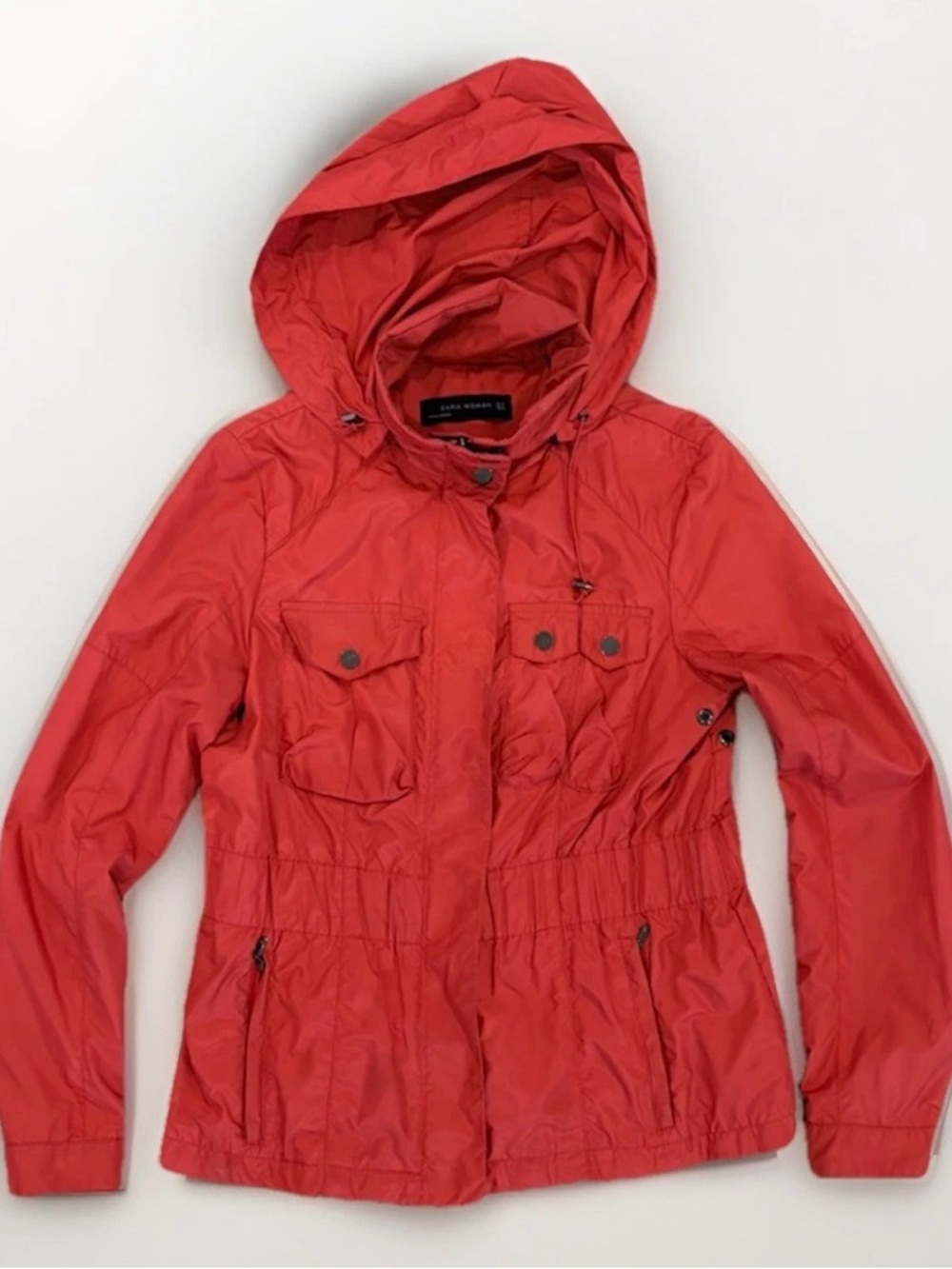 Zara Woman Spring Coral-Red Hooded Utility Rain Jacket